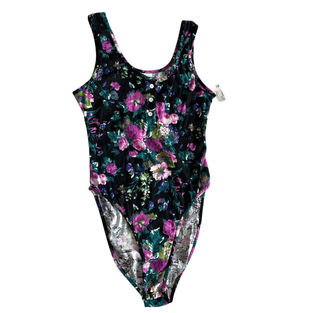 VINTAGE VICTORIA’S  SECRET  black floral BODYSUIT TEDDY size small cotton blend
